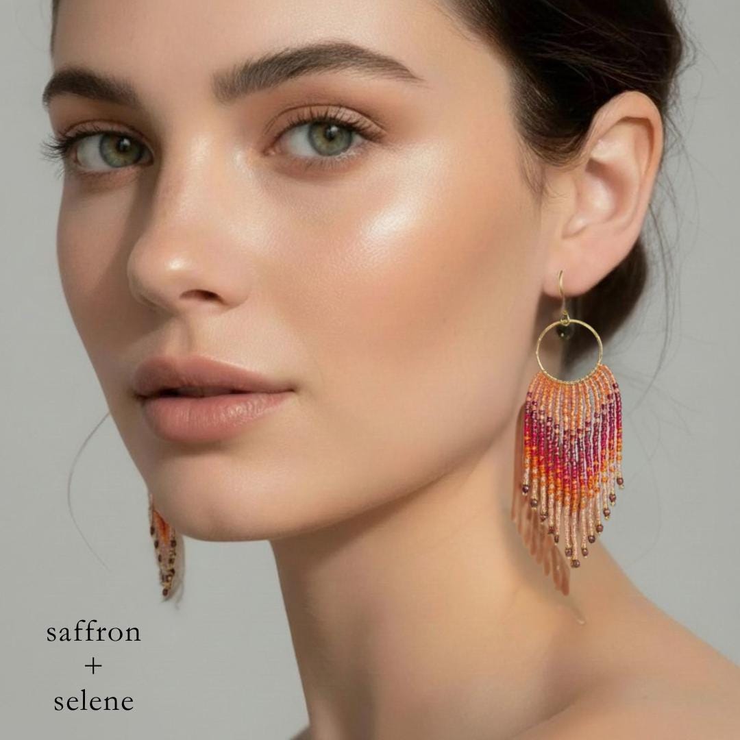 Peach Fringe Earrings Boho Statement Handmade Beaded Drop Dangle Gift for Her