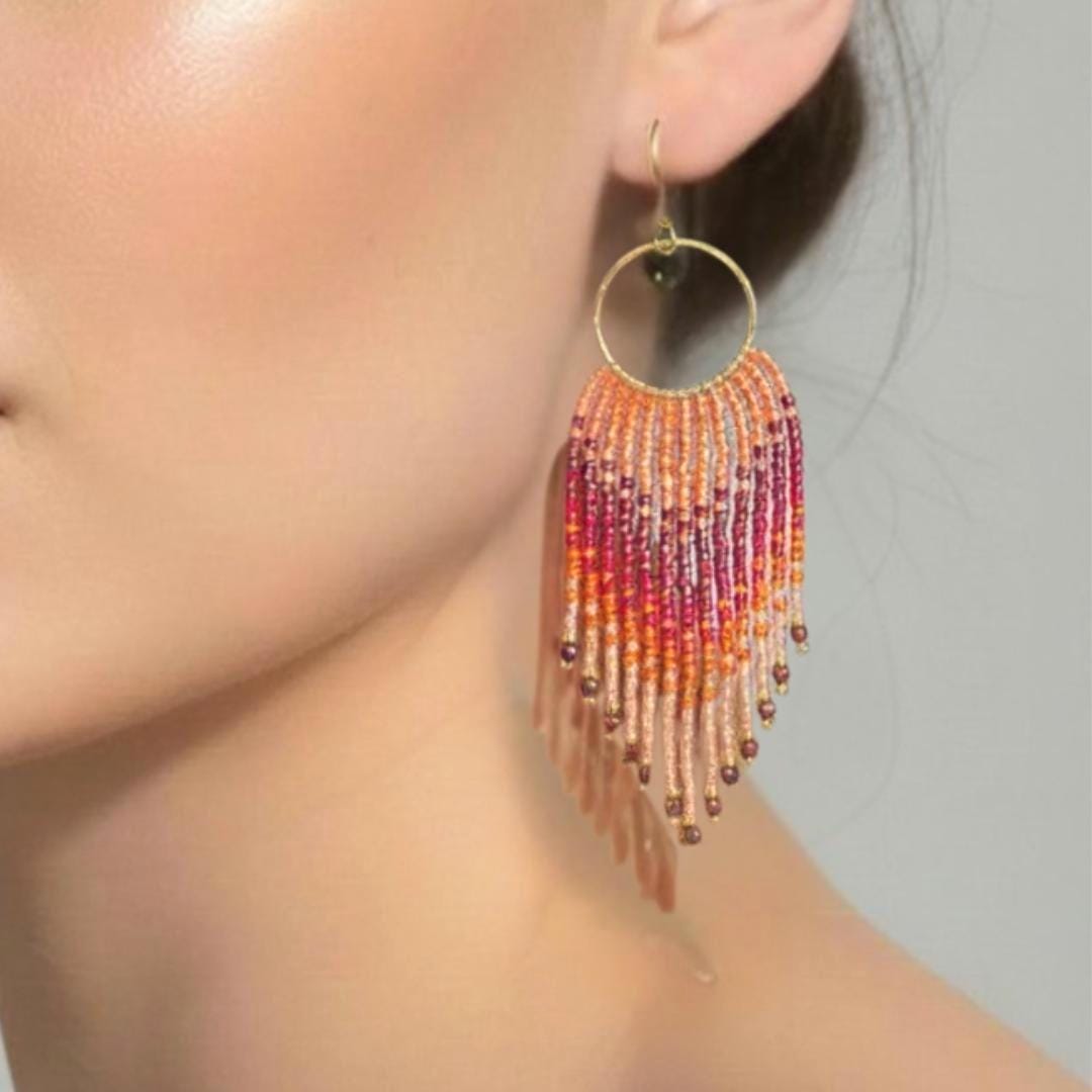 Peach Fringe Earrings Boho Statement Handmade Beaded Drop Dangle Gift for Her