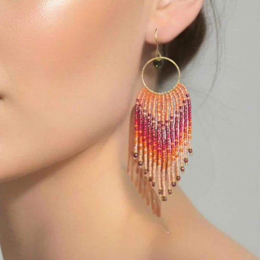 Apricot Fringe Earrings Boho Statement Handmade Beaded Drop Dangle Gift for Her
