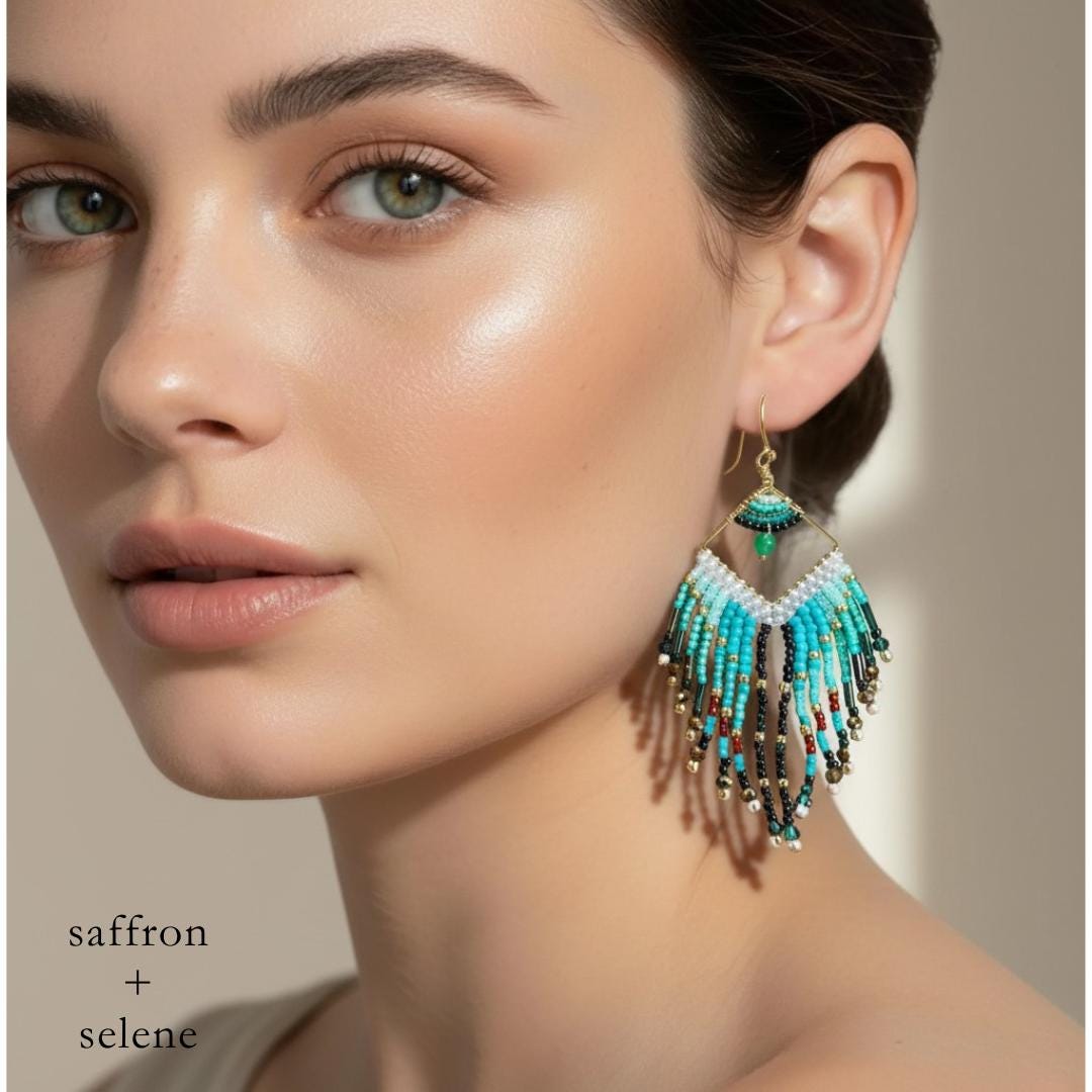 Turquoise Fringe Earrings Boho – Seed Bead Statement – Long Beaded – Festival Jewelry Gift for Her