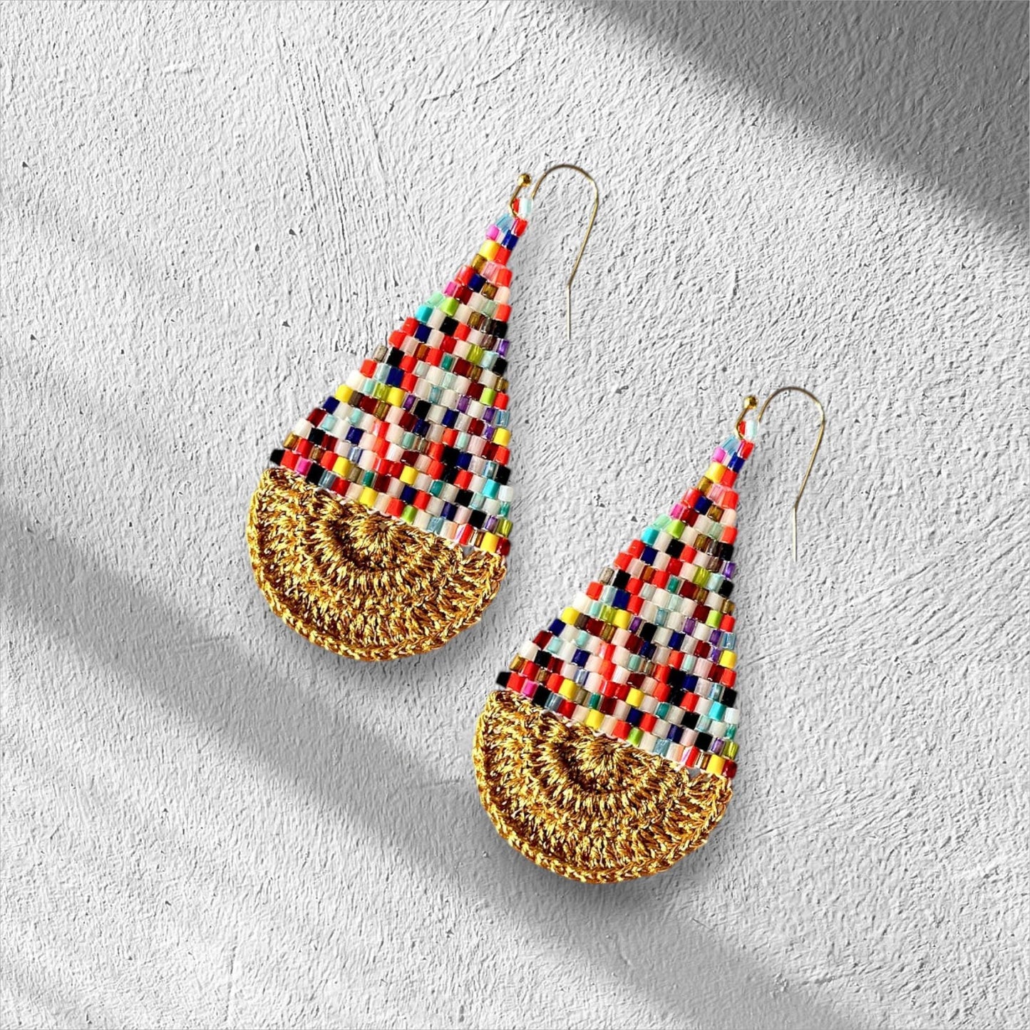 Rainbow Seed Bead Teardrop Earrings: Gold Crochet Boho Dangles