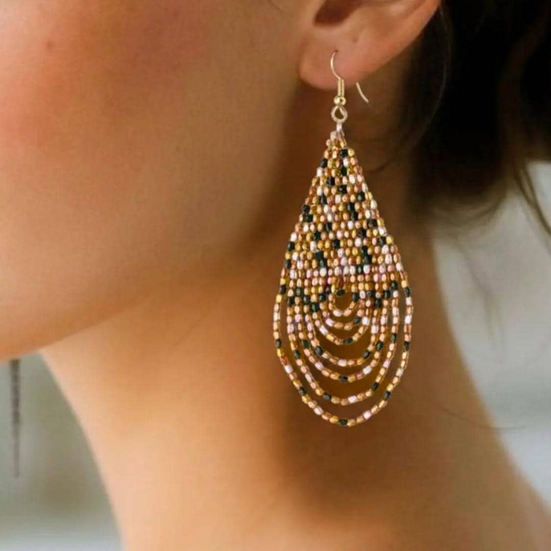 Rose Gold Beaded Dangling Earrings: Handmade Statement Jewelry, Metalic art deco, jewelry gifts