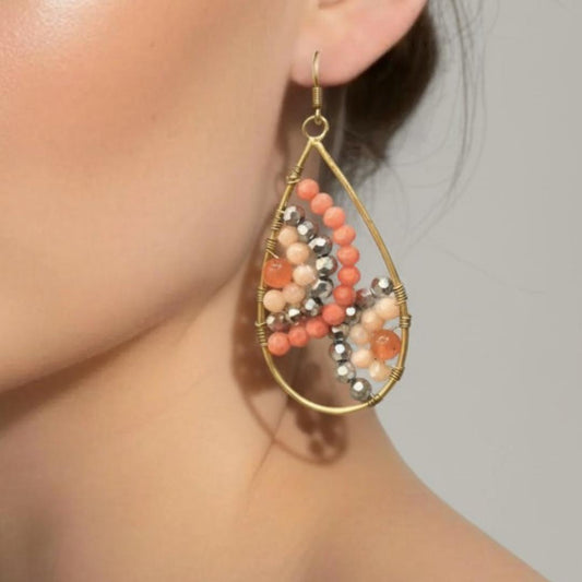 Handmade Teardrop Earrings | 9kt Gold Plated, Apricot & Silver Glass Beads