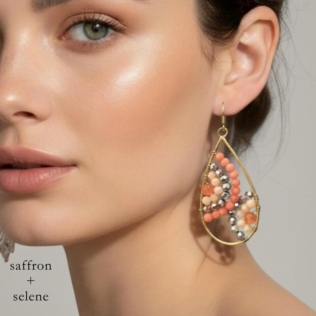 Handmade Teardrop Earrings | 9kt Gold Plated, Apricot & Silver Glass Beads