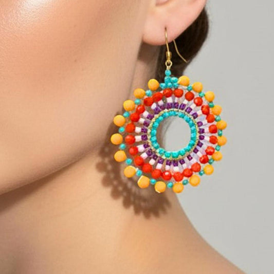 Rainbow Seed Bead Earrings: Boho Dangle Jewelry gift for her - Statement hoop earrings