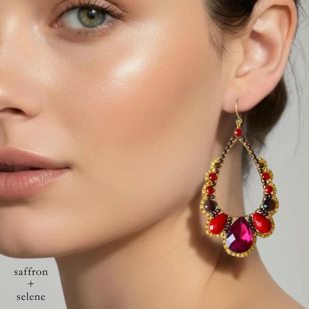 Red Crystal Teardrop Earrings – Statement Drop Gold Dangles – Elegant Handmade Jewelry Gift for Her