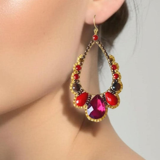 Red Crystal Teardrop Earrings – Statement Drop Gold Dangles – Elegant Handmade Jewelry Gift for Her