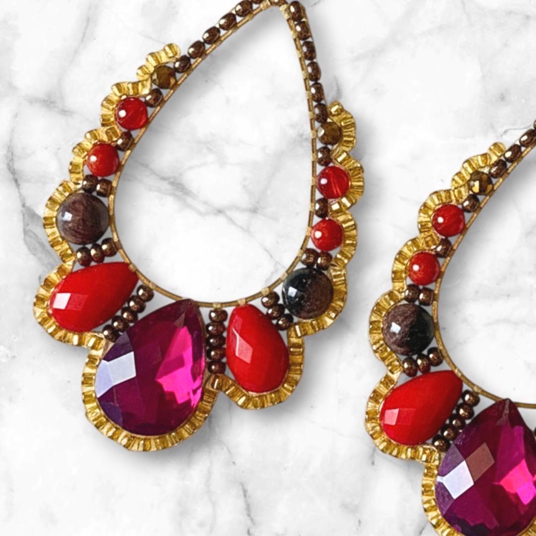 Red Crystal Teardrop Earrings – Statement Drop Gold Dangles – Elegant Handmade Jewelry Gift for Her