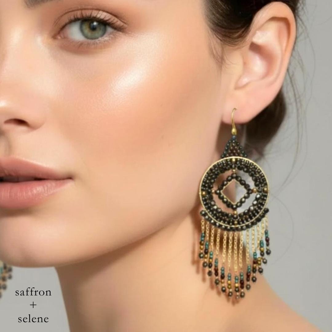 Black Beaded Evening Earrings: Gold-Plated Fringe, Art Deco Style