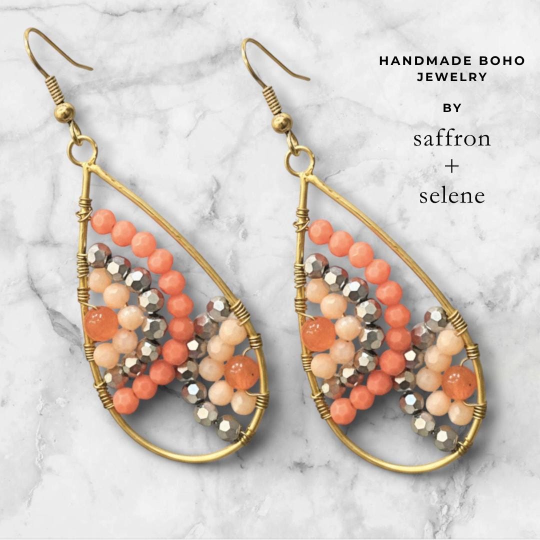 Handmade Teardrop Earrings | 9kt Gold Plated, Apricot & Silver Glass Beads