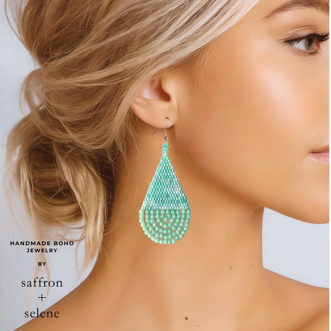 Turquoise Beaded Teardrop Earrings: Handwoven Boho Dangles - jewelry gift for her