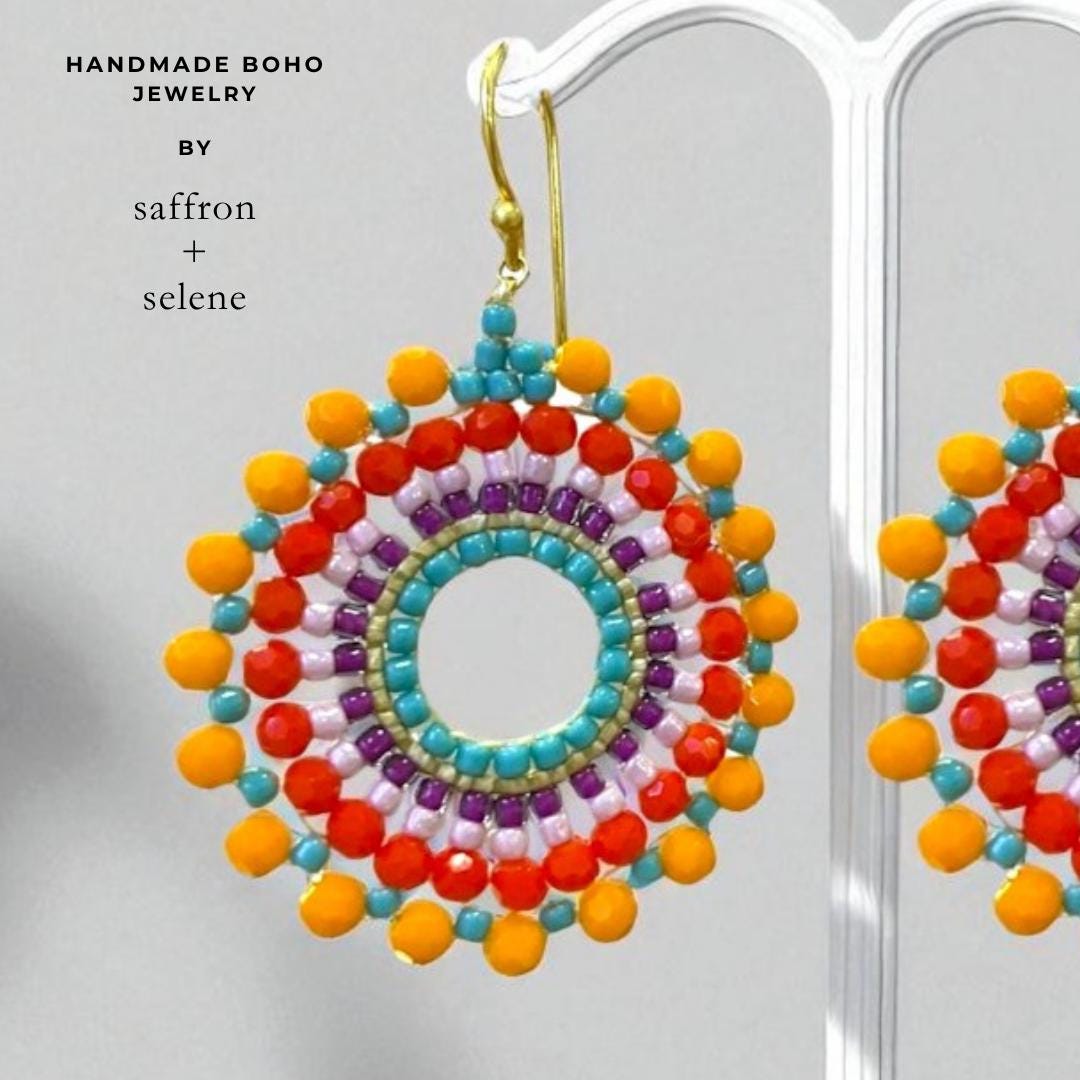 Rainbow Seed Bead Earrings: Boho Dangle Jewelry gift for her - Statement hoop earrings