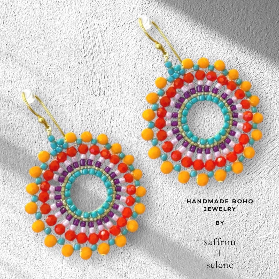 Rainbow hand beaded earrings, perfect summer earrings, lgbtq jewelry, festival jewelry and unique handmade jewelry gifts for her