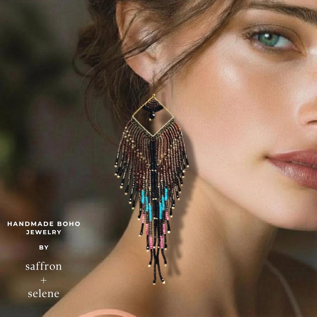 Black Gold Fringe Earrings Statement Boho Handmade Beaded Long Drop Gift for Her