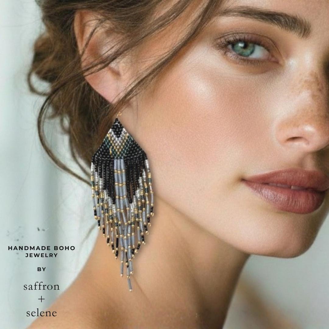 Handwoven Seed Bead Fringe Earrings – Aztec Feather Design, Boho Statement Jewelry
