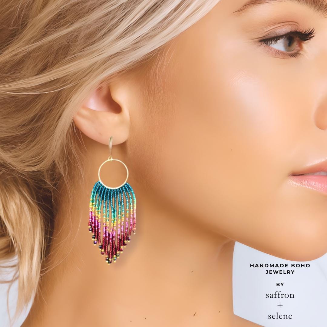 Beaded Fringe Statement Earrings: Rainbow Ombre Boho Jewelry Gifts