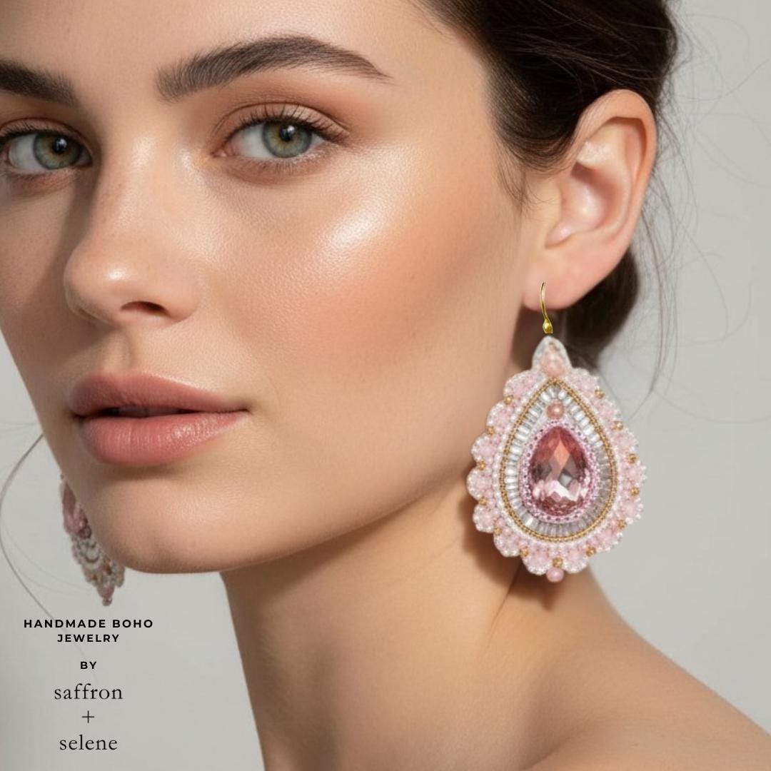 Pale Pink Crystal Teardrop Earrings: Hand Beaded Boho Dangles, jewelry gifts for her