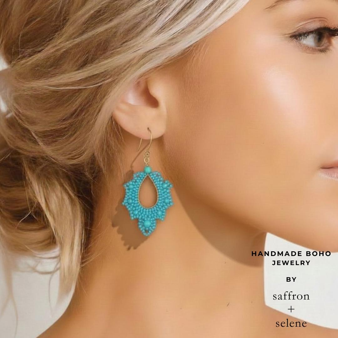 Handmade Turquoise Beaded Drop Earrings: 9k Gold-Plated Boho Jewelry