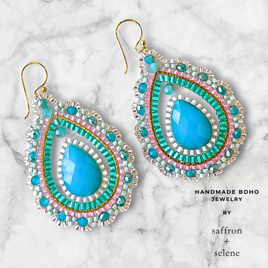 Turquoise Statement Earrings Boho Beaded Drop Teardrop Dangle Gift for Her Summer Jewelry