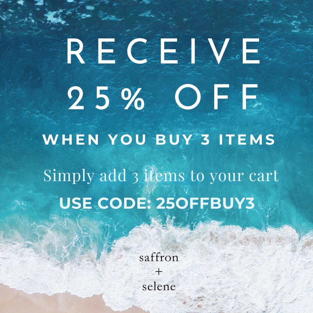 Receive 25% discount when you purchase 3 items or more from Saffron + Selene Boho Handmade Jewellery Use Code: 25OFFBUY3