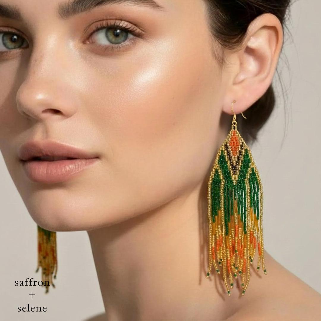 Fringe Earrings Boho – Seed Bead Statement Earrings – Long Beaded – Festival Jewelry Gift for Her