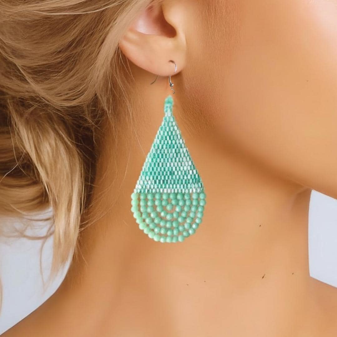 Turquoise Beaded Teardrop Earrings: Handwoven Boho Dangles - jewelry gift for her