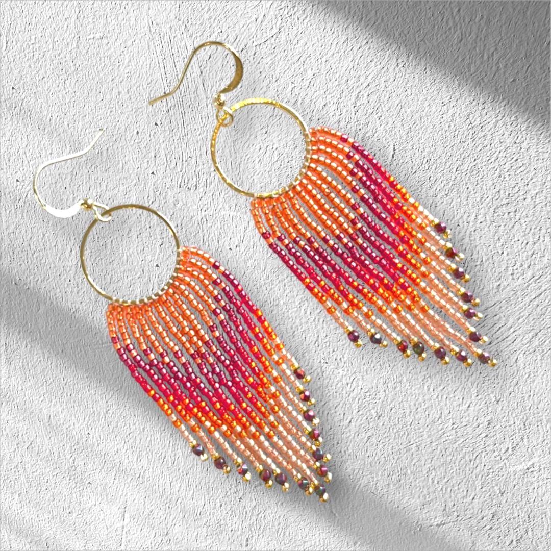 Peach Fringe Earrings Boho Statement Handmade Beaded Drop Dangle Gift for Her