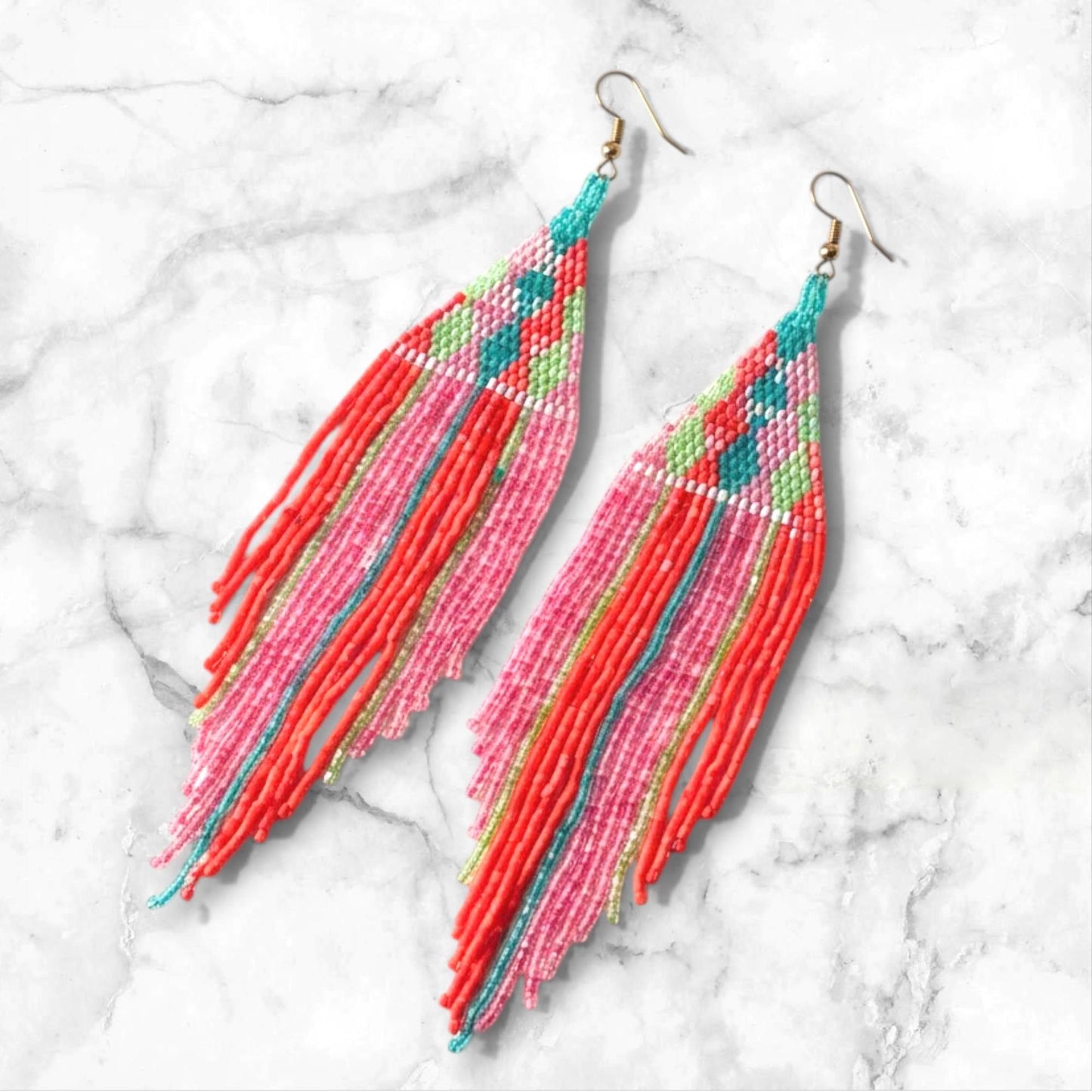 Turquoise Coral Fringe Earrings, Boho Beaded Statement Jewelry, Long Drop Earrings