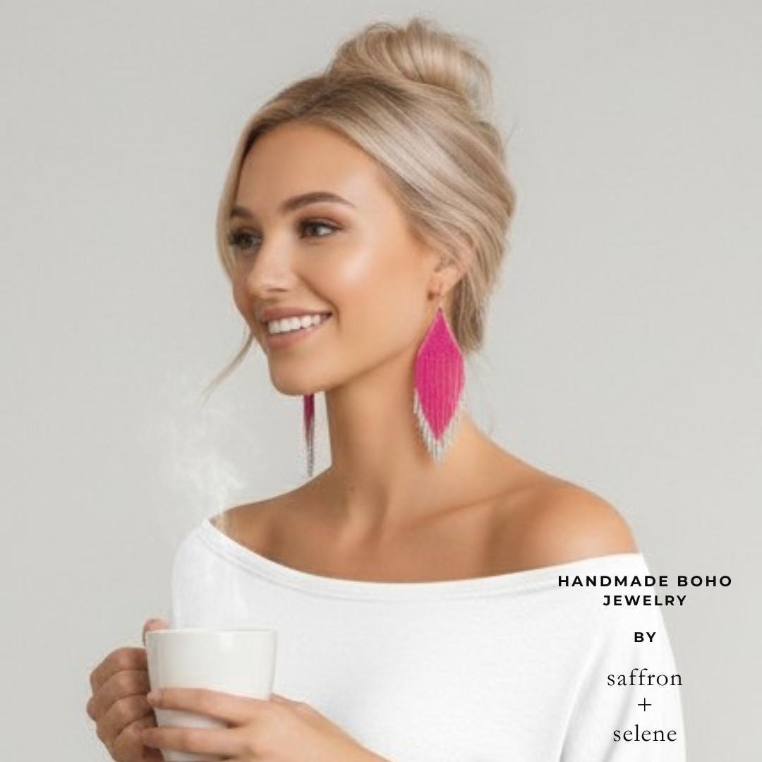 Handmade seed bead earrings in bold pink statement style