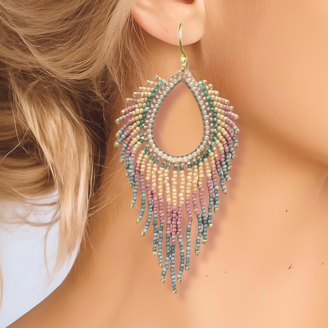 Pink Fringe Earrings Boho Statement Handmade Beaded Drop Dangle Pastel Gift for Her