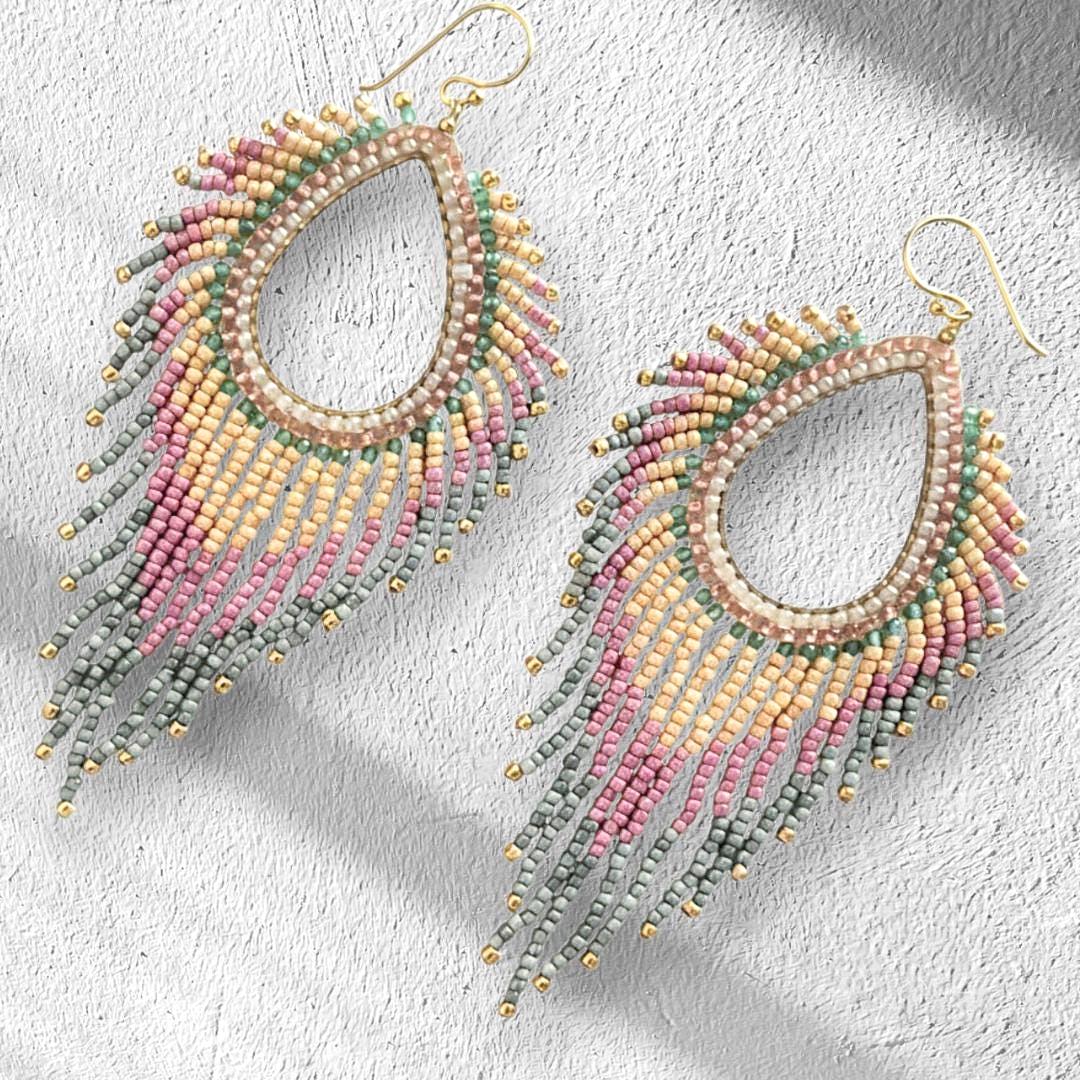 Pink Fringe Earrings Boho Statement Handmade Beaded Drop Dangle Pastel Gift for Her