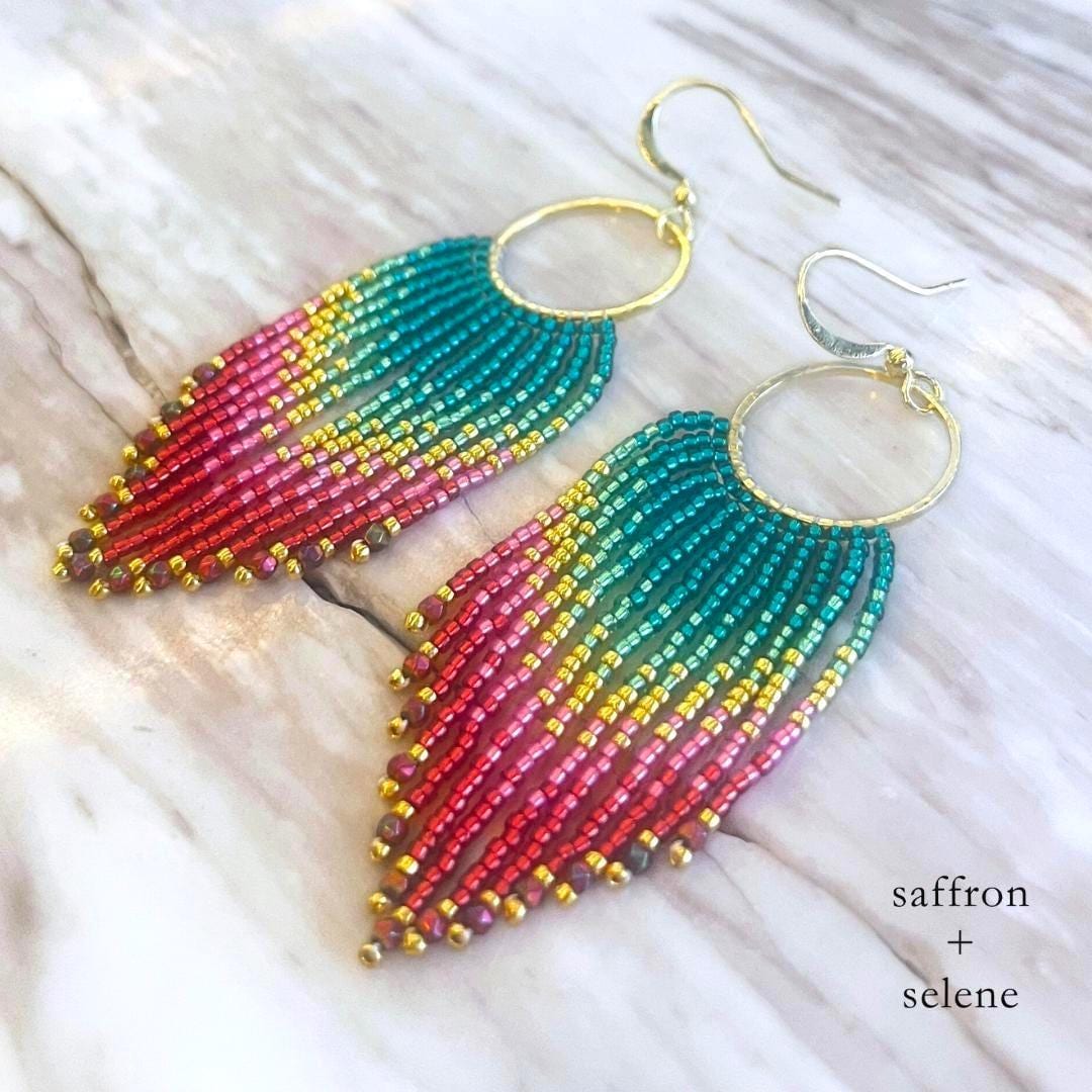 Beaded Fringe Statement Earrings: Rainbow Ombre Boho Jewelry Gifts