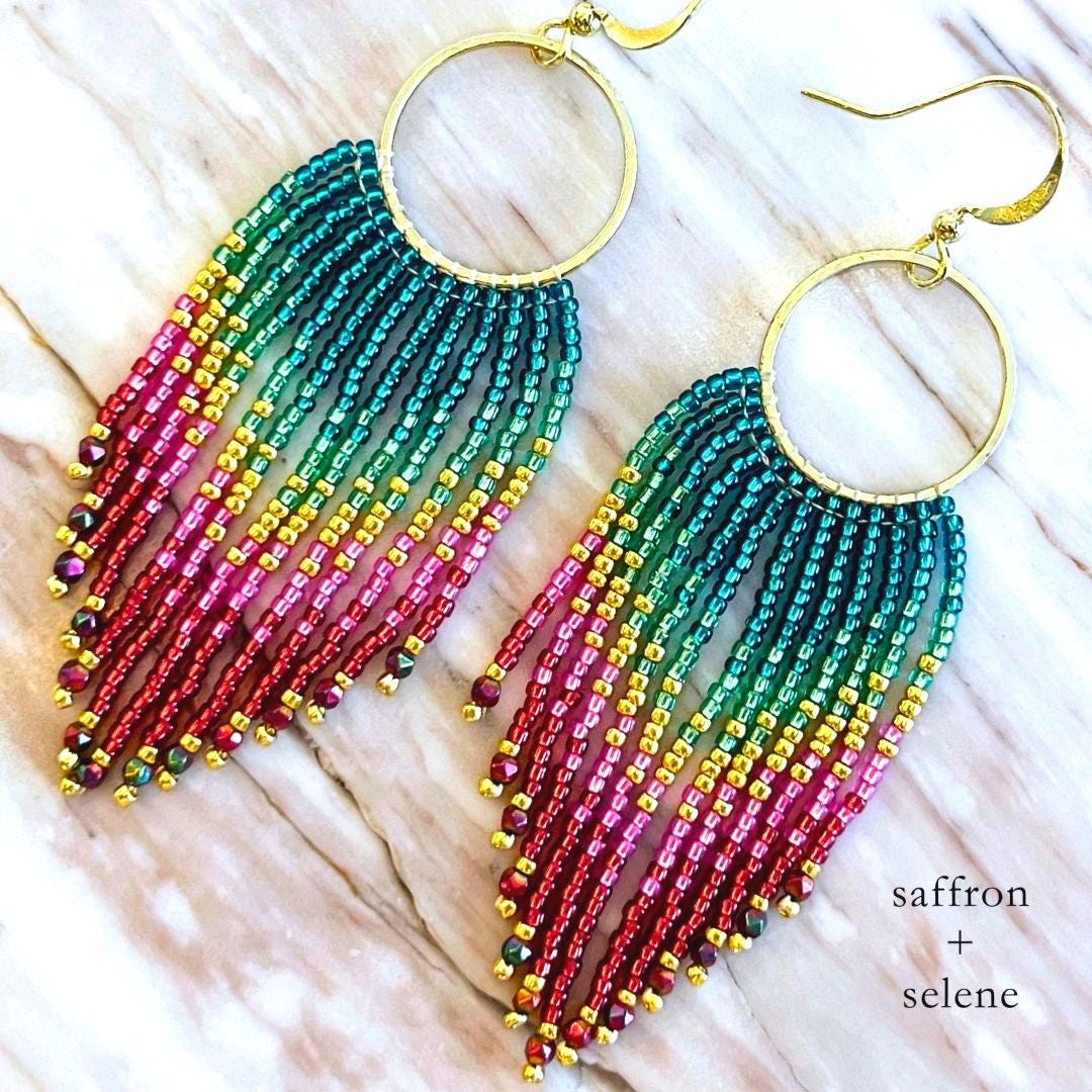 Beaded Fringe Statement Earrings: Rainbow Ombre Boho Jewelry Gifts