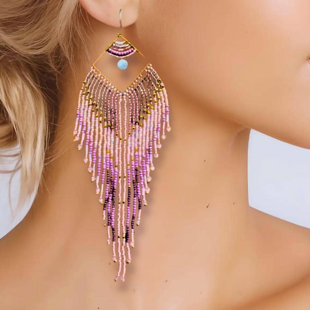 Handmade Pink Lilac Seed Bead Fringe Earrings – 4-Inch Statement Dangle Jewelry