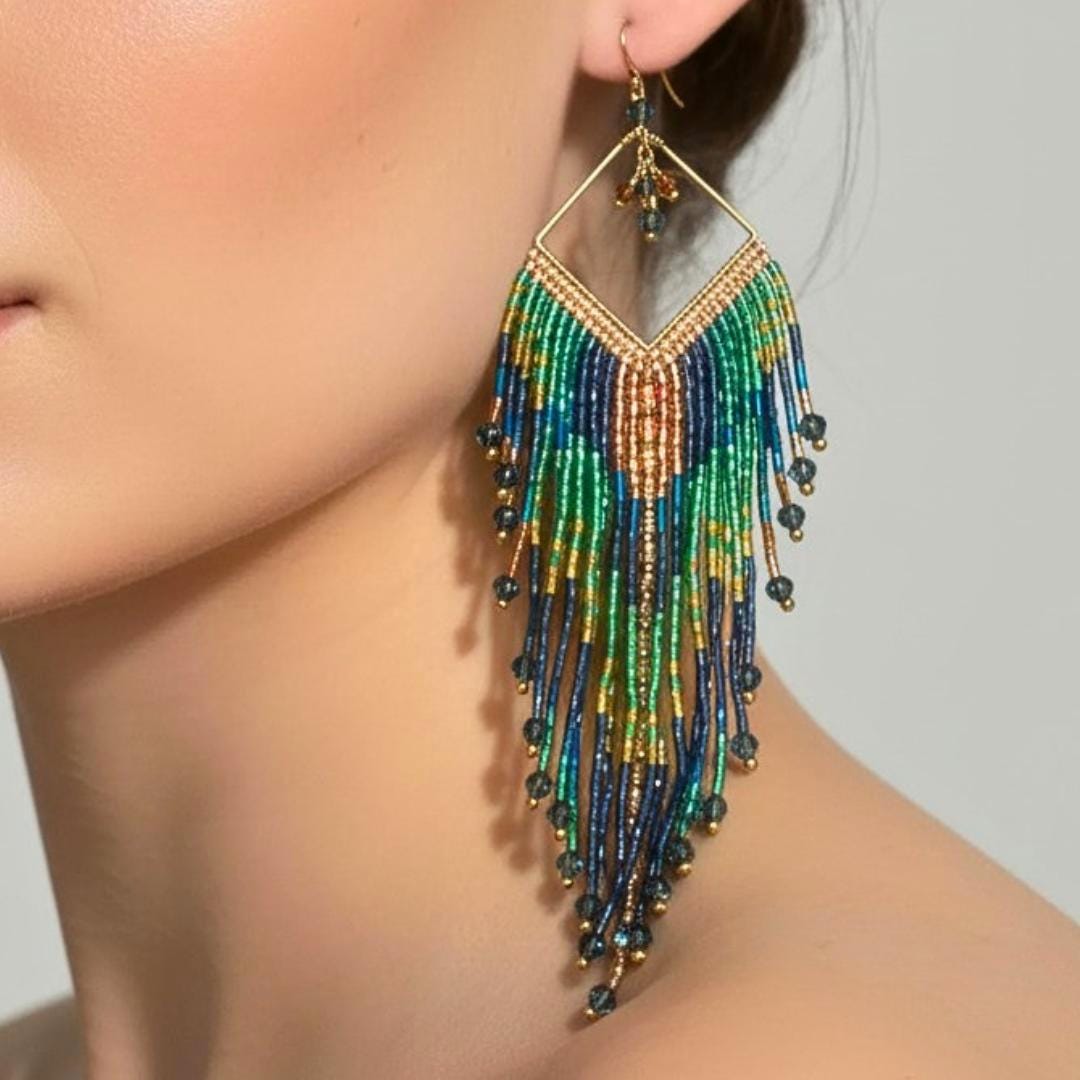 Peacock Fringe Earrings Boho Statement Handmade Beaded Drop Dangle Gift for Her