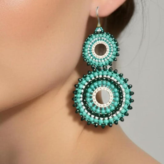 Turquoise Beaded Hoop Earrings Boho Statement Handmade Dangle Gift for Her
