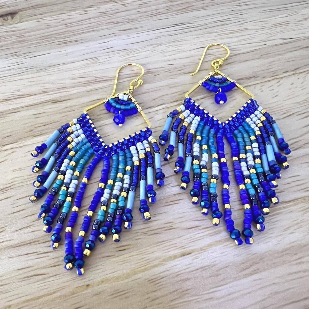 Blue Beaded Fringe Statement Earrings: Lapis Azure blue, turquoise Boho Aztec feather dangle design