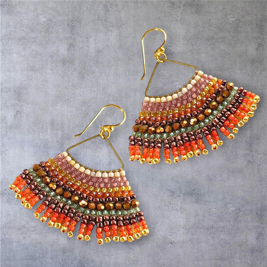 Handmade Seed Bead Fringe Earrings: Bronze Bird Wing Boho Jewelry