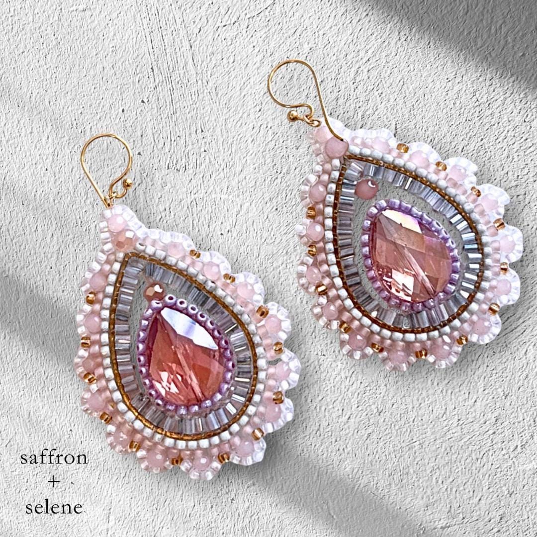 Handmade Soft Pink Crystal drop Earrings: Hand Beaded Boho Dangles, unique jewelry gifts for her.