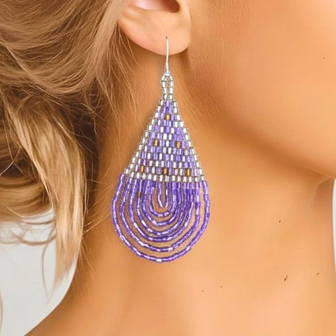 Purple Beaded Teardrop Earrings: Handwoven Boho Dangles - jewelry gift for her