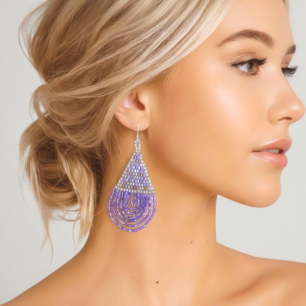 Purple Beaded Teardrop Earrings: Handwoven Boho Dangles - jewelry gift for her