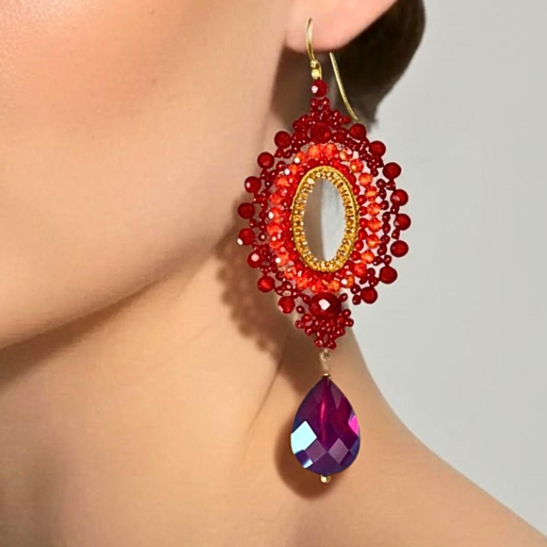 Red Beaded Earrings Boho Statement Handmade Long Drop Dangle Gift for Her
