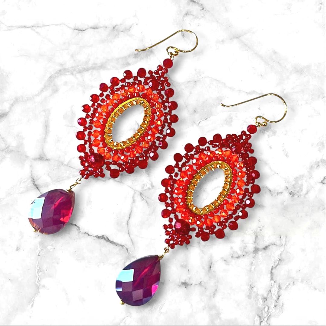 Red Statement Earrings Boho Handmade Beaded Drop Dangle Long Gift for Her