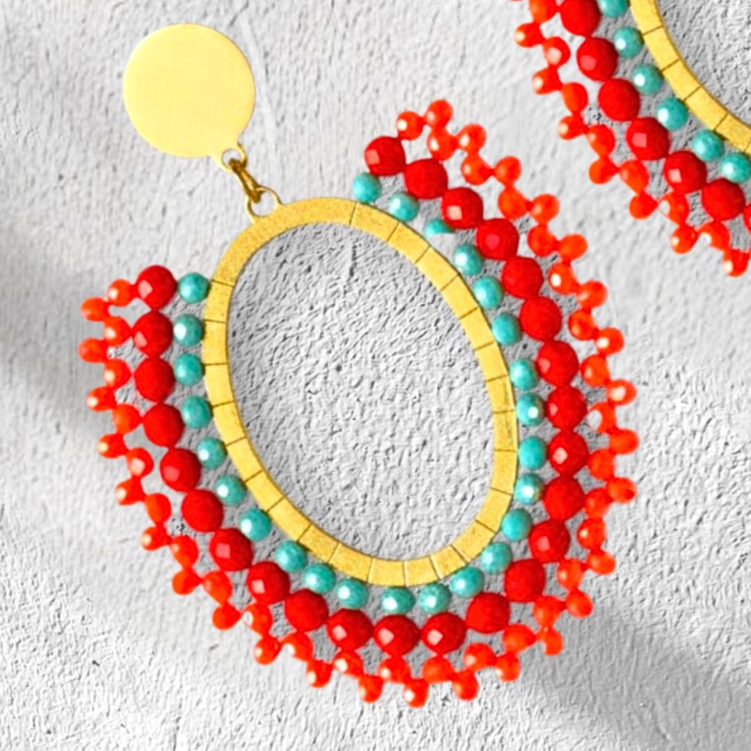 Handmade Seed Bead Dangle Earrings: Coral, Red, Turquoise, Gold - Jewelry Gifts for her