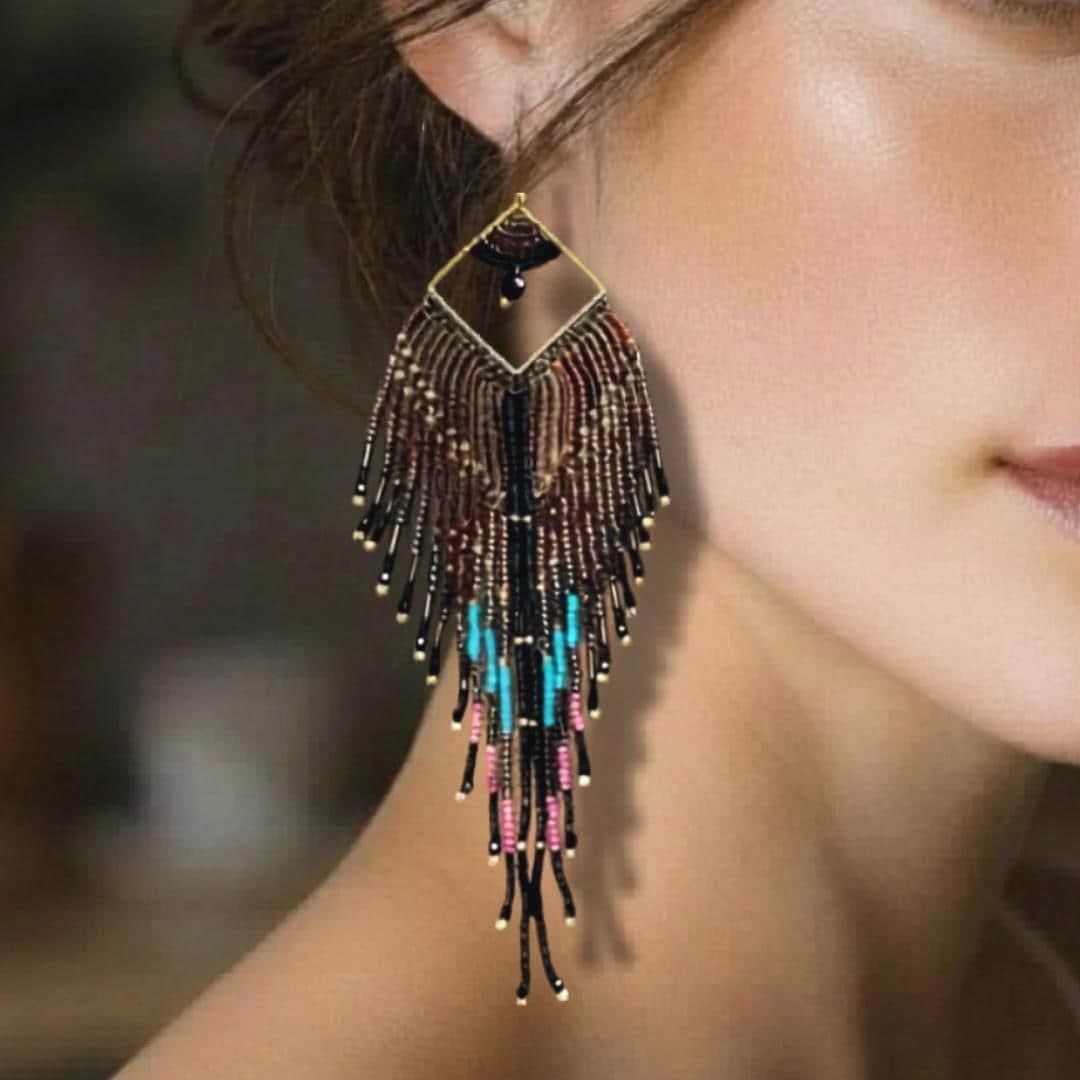 Black Fringe Earrings Boho Statement Handmade Beaded Long Drop Gift for Her