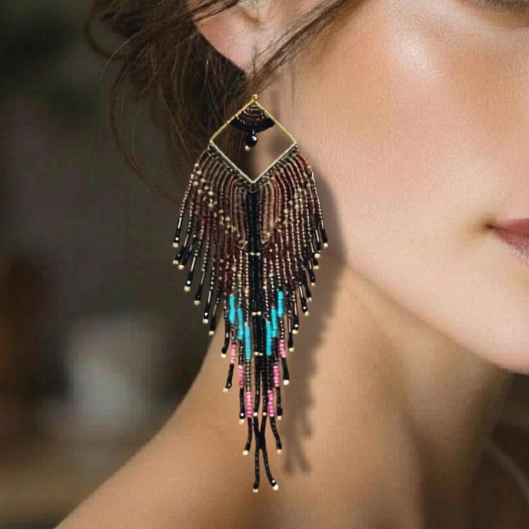 Handmade black and gold fringe earrings with beaded detail