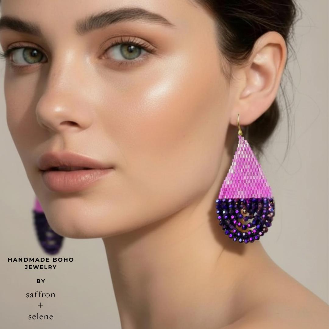 Pink & Purple Beaded Teardrop Earrings: Handwoven Peacock Shimmer Dangles - jewelry gifts