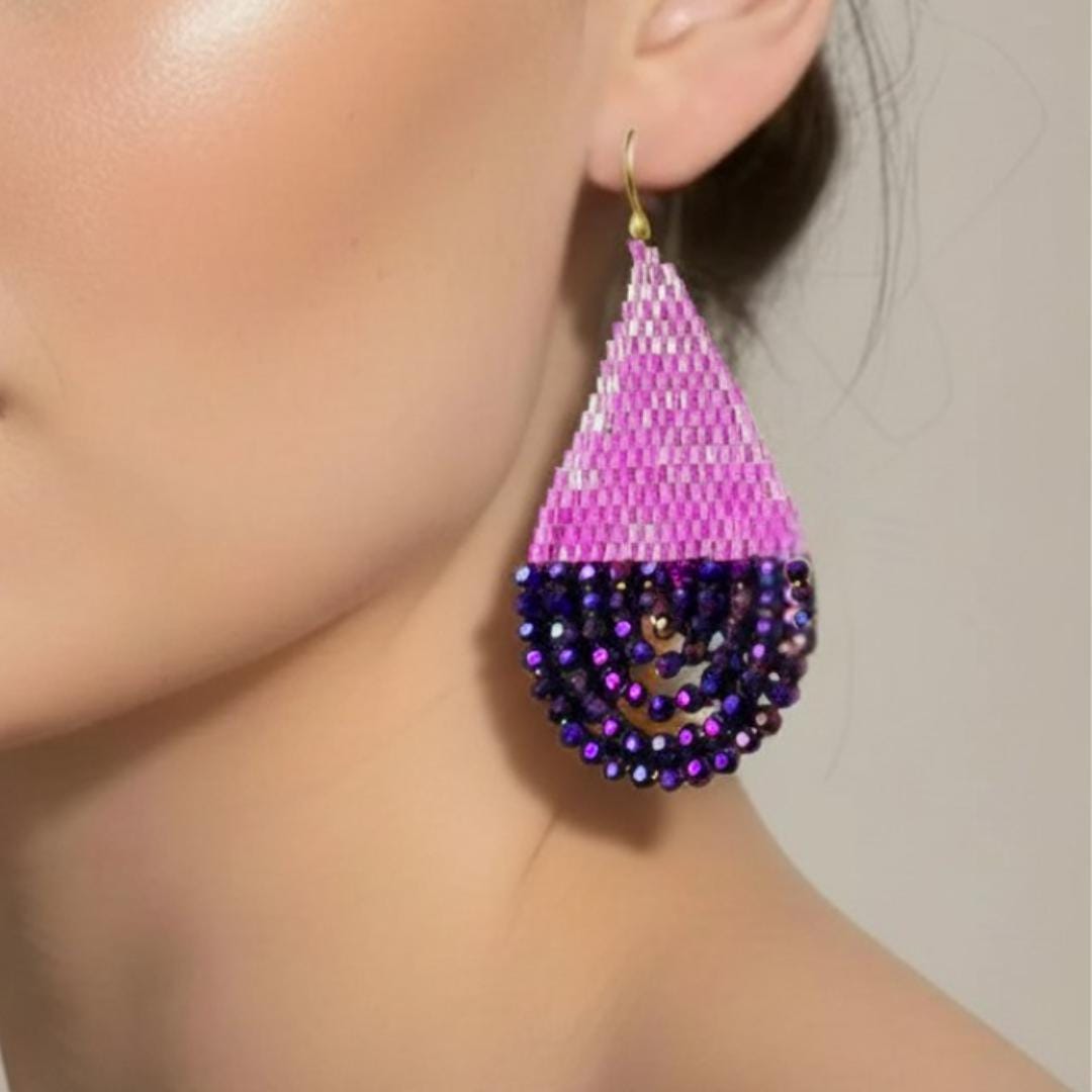 Pink & Purple Beaded Teardrop Earrings: Handwoven Peacock Shimmer Dangles - jewelry gifts