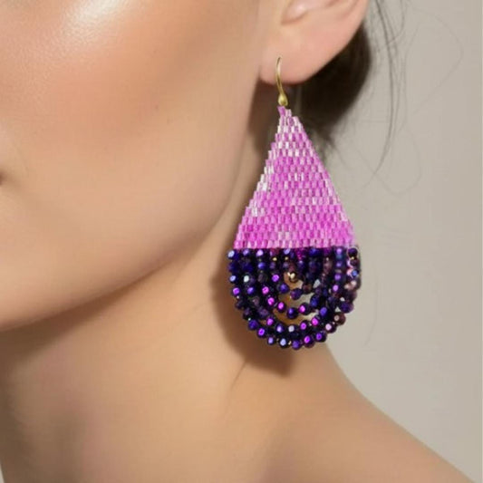 Pink & Purple Beaded Teardrop Earrings: Handwoven Peacock Shimmer Dangles - jewelry gifts