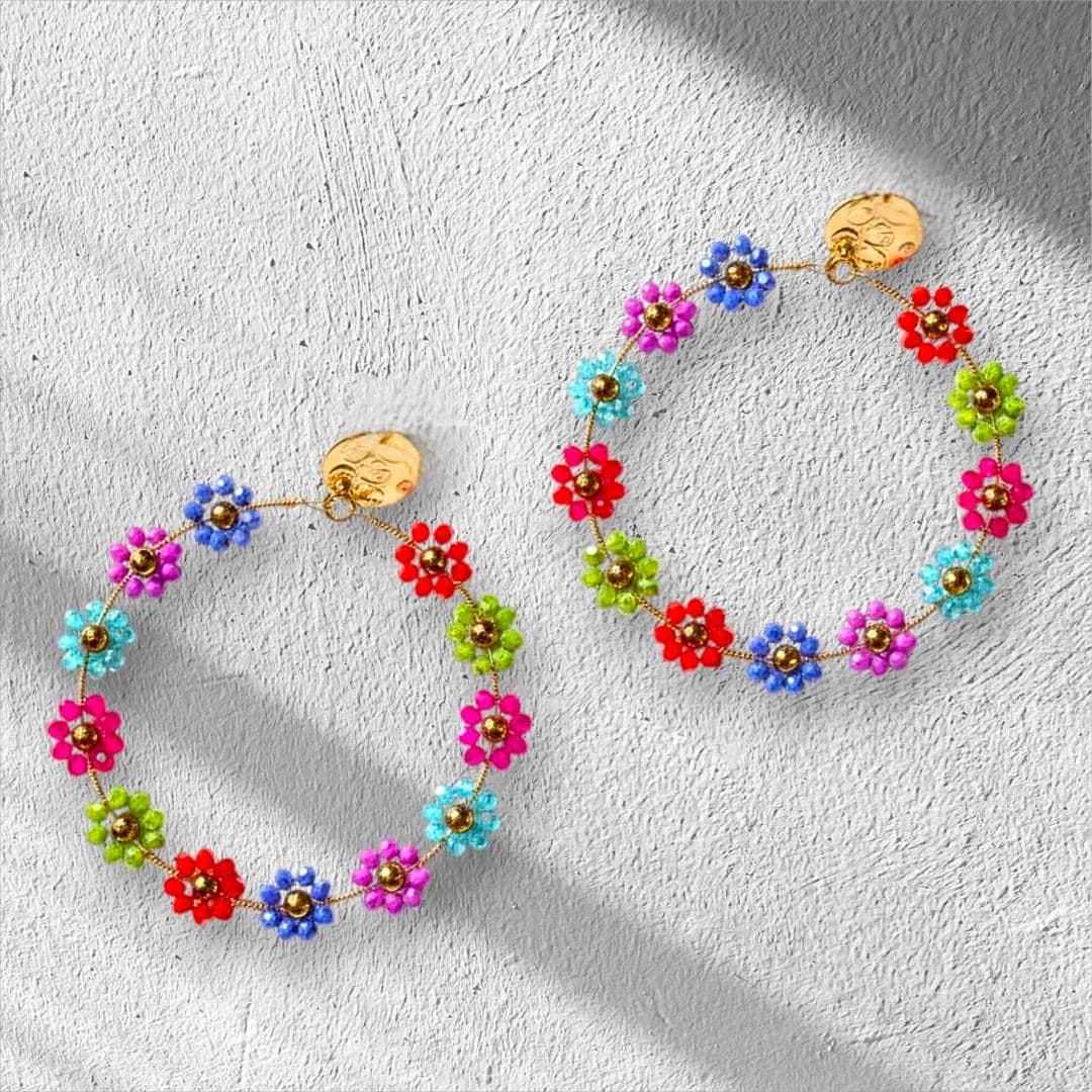 Hoop Earrings Boho - Handmade seed bead bright coloured flowers - Jewelry Gifts for her
